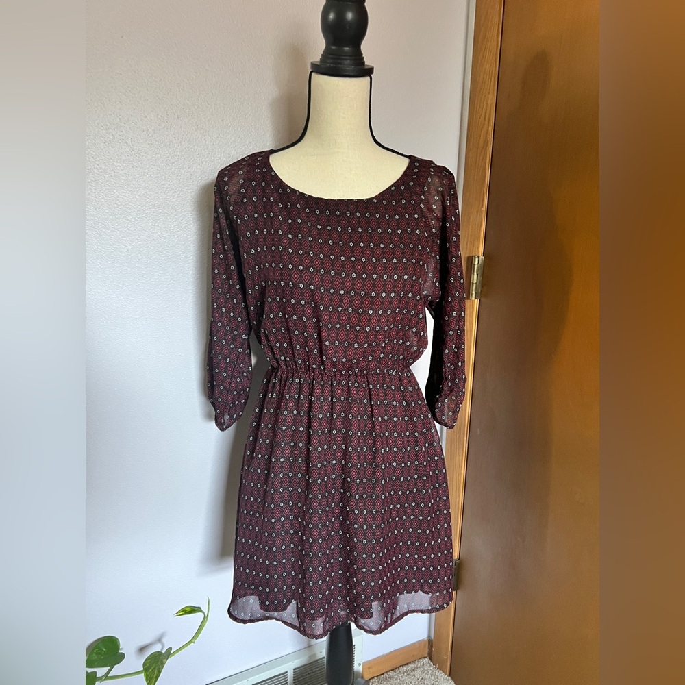 Three Pink Hearts Red & Black Patterned Dress Size XS